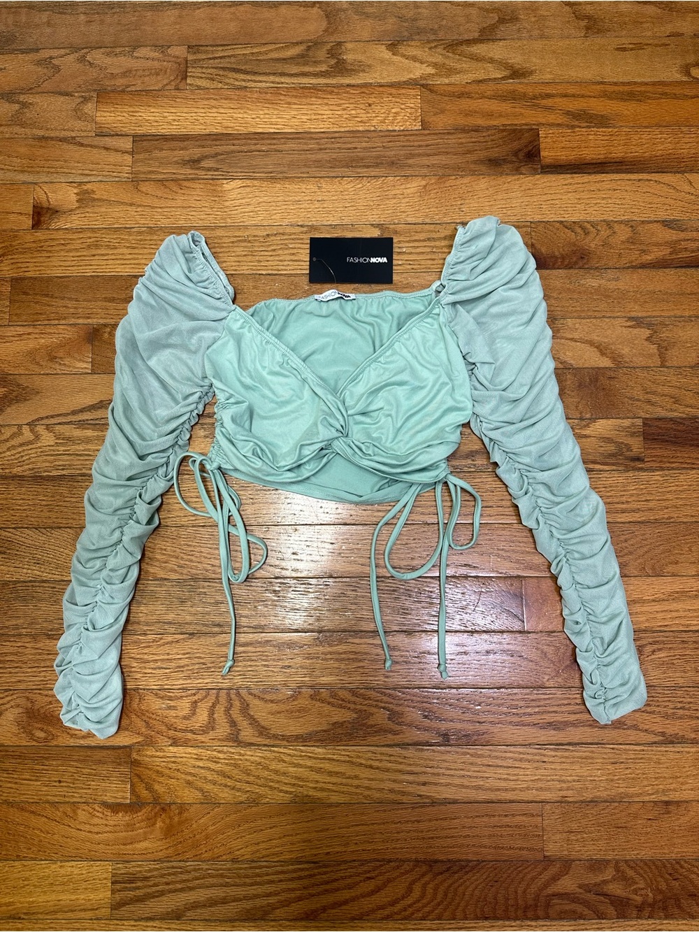 Fashion Nova Light Sage Ruched Long-Sleeve Crop Top